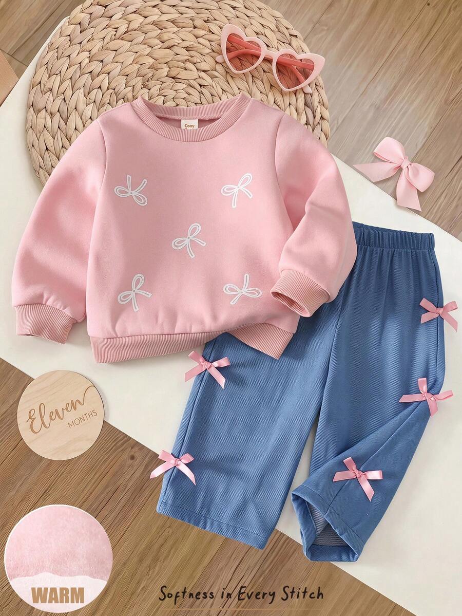 Cozy Pixies 女嬰粉色蝴蝶結印花上衣與牛仔風寬腿褲兩件套,長袖套頭運動衫搭配鬆緊腰寬褲,適合假期派對、休閒外出等多種場合 - 彩色 - 查看 1