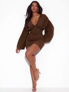 Hauture Women's Corset Draped Hem Chiffon Mini Dress With Balloon Sleeve Sexy Office Wear Old Money - Coffee Brown - View 1