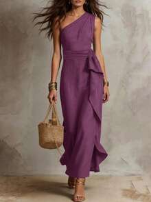 Solivie Women's Solid Color One Shoulder Ruffle Casual Party Long Dress - Purple - View 5