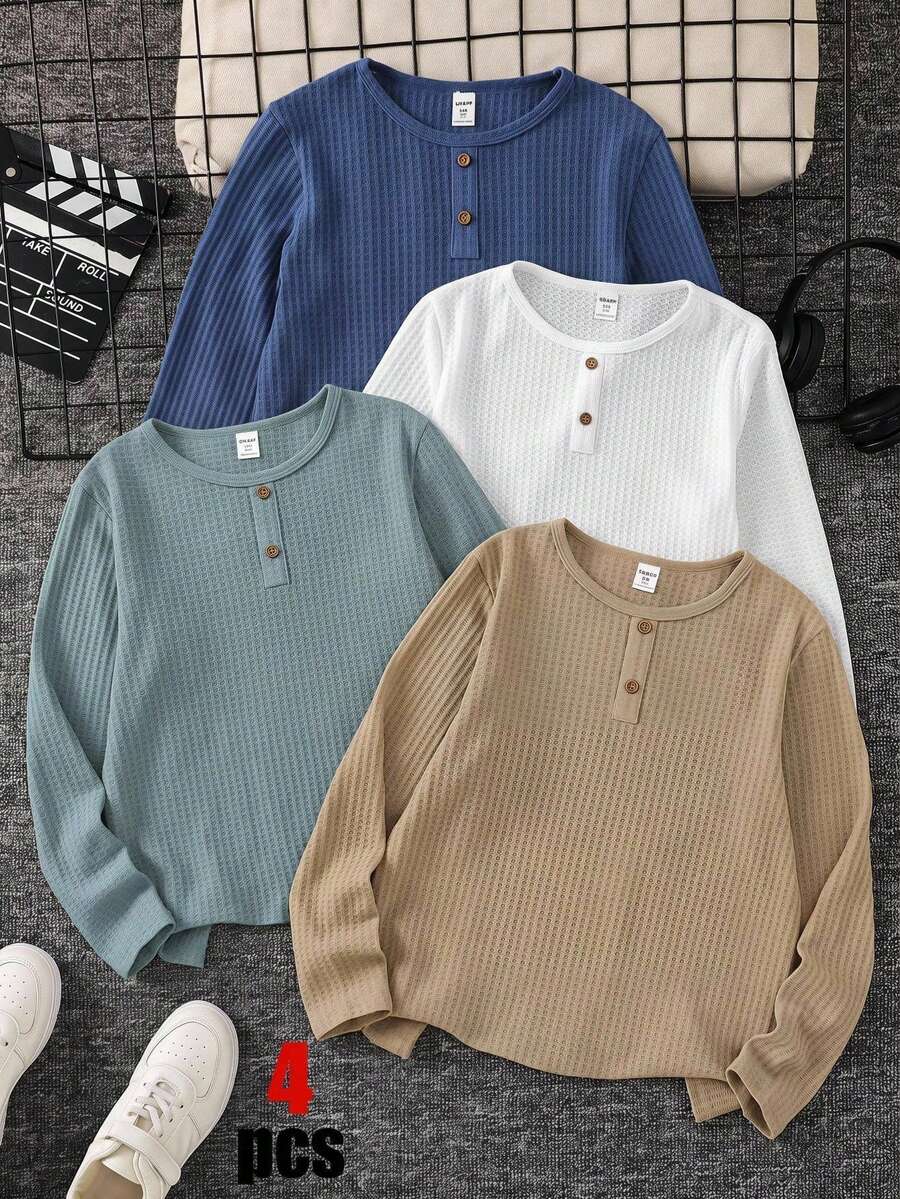 SHEIN 3件組 買2送1 童裝青少年男童半開襟紋理布料長袖T恤,藍色、綠色、白色,適合春、夏、秋、冬、情人節、約會、夏季穿搭、家庭聚會、返校、婚禮季節、運動、生日派對 - 彩色 - 查看 1