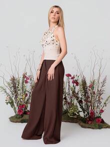PRISCILA ESCOTO PRISCILA ESCOTO Tie Backless Sequin Knit Top, Sequin Embroidery Halter Top ,All Season, Y2K Top, Autumn Women's Clothing Winter Chic Spring Casual - Apricot - View 4