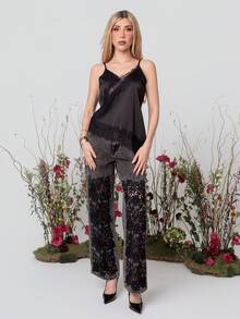PRISCILA ESCOTO PRISCILA ESCOTO Women's High Waist Embroidered Hollow Out Loose Jeans, Fashionable For Spring/Autumn Carnival And Birthday Casual Vacation - Black - View 1