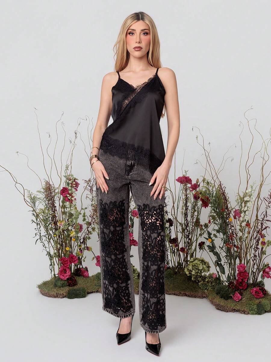 PRISCILA ESCOTO PRISCILA ESCOTO Women's High Waist Embroidered Hollow Out Loose Jeans, Fashionable For Spring/Autumn Carnival And Birthday Casual Vacation - Black - View 1