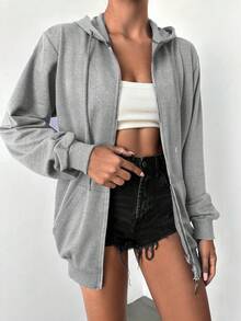 EURMUSE 1pc Casual Solid Color Zip Up Drawstring Hoodie, Autumn/Winter - Light Grey - View 5