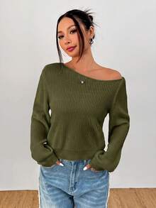 SHEIN PETITE 女款橄欖綠長袖套頭毛衣 可披肩穿著 早午餐秋季休閒風 - 軍綠色 - 查看 7