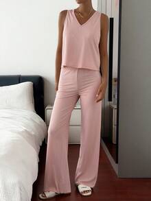 Livesso Set Pakaian Santai Wanita: Atasan Tank Top Leher V dan Celana Panjang Warna Polos - Berwarna merah muda - View 6