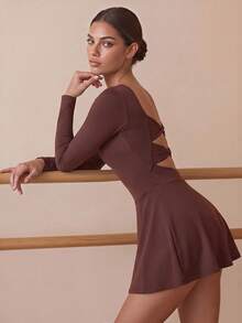 Glamine Charm Youthful Brown Backless Square Neck Sports Dress - Brown - View 2