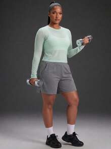 Powerista Women's Plus Size Floral Grey Fitted Zipper Pocket Sports Shorts For Gym Running Indoor Outdoor Apparel Breathable Lightweight Quick-Dry - Grey - View 4