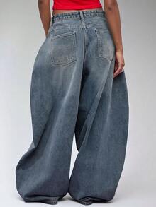 COUREZ Low Rise Baggy Balloon Fit Jeans In Washed Blue Wash Street Casual /  Y2K Autumn Clubbing Outfits For Women Pants For Women Rave Cotton Denim Fall - Navy Blue - View 3