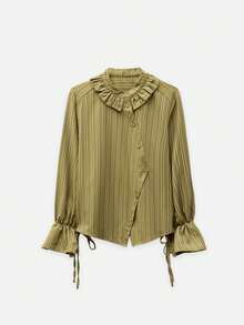Nöista Green And Olive Striped Blouse With Ruffled Collar. Fall, Office Wear And Everyday Style. - Green - View 8
