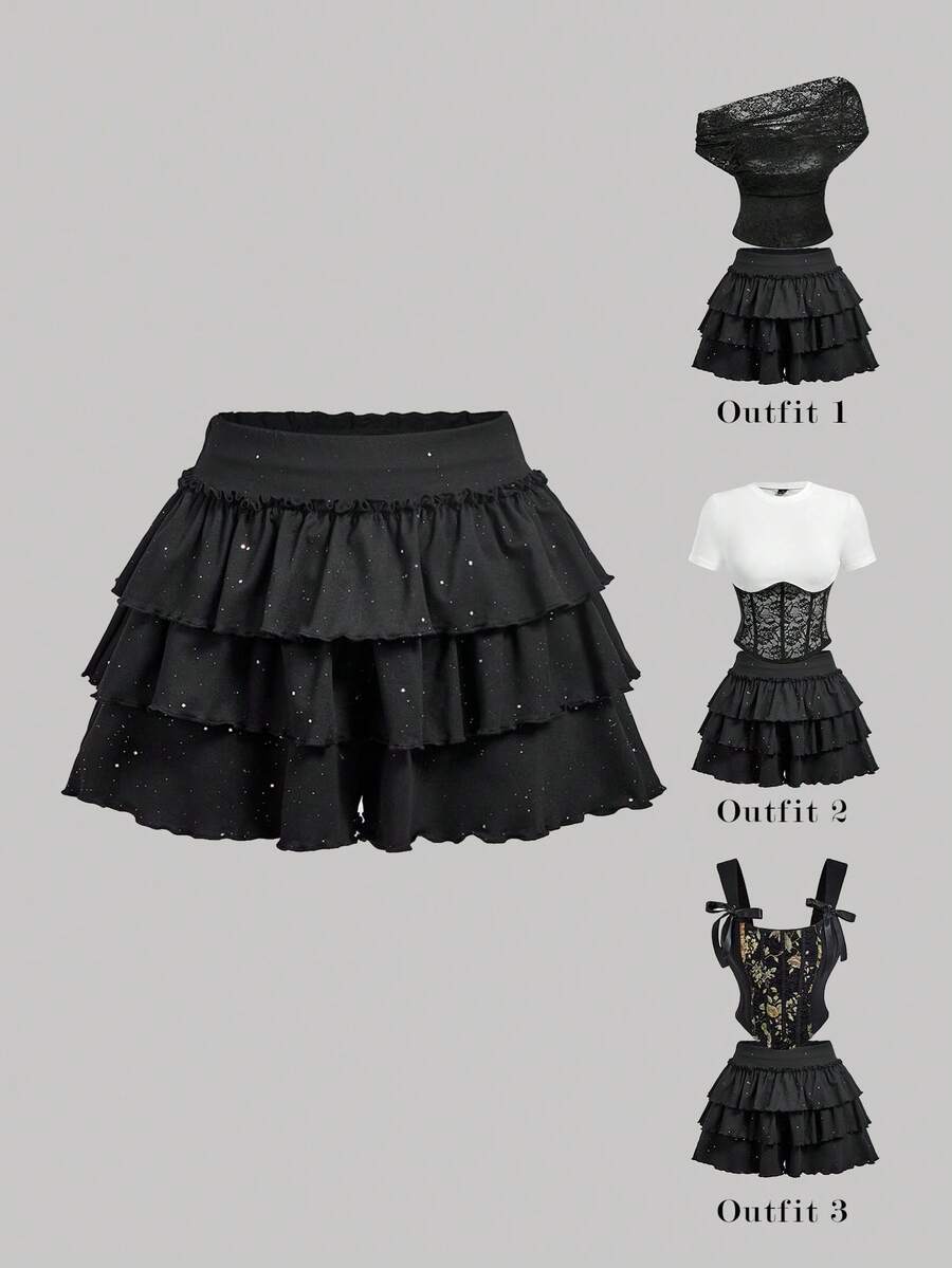 SHEIN MOD 黑色噴漆多層荷葉邊迷你裙褲,返校季、校園派對、夏季迪斯可、Y2K哥德風、萬聖節 - 黑色 - 查看 1