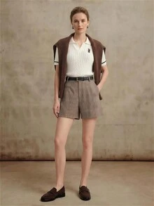 EMERY ROSE Summer Casual Commute Plaid Shorts - Brown - View 7