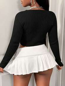 BamGleam Design Hollow-Out Slit Short Top, Distressed Ripped Textured Asymmetric Hem Slim Fit Knit Cover-Up - Black - View 2