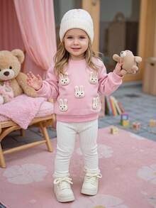 SHEIN Playful Pals 嬰兒幼兒秋冬套裝，女嬰可愛3D白兔粉色衛衣搭配親膚柔軟白色長褲套裝 - 粉色 - 查看 2