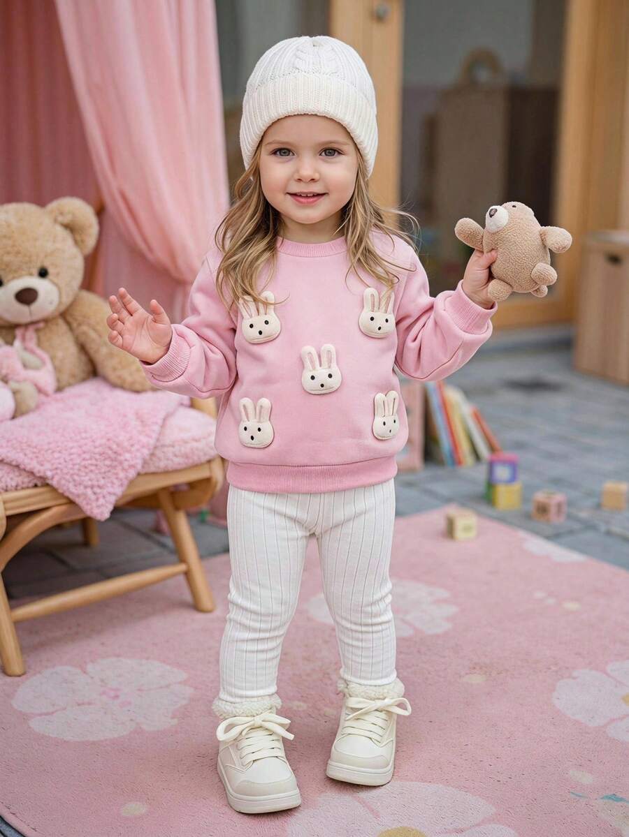 SHEIN Playful Pals 嬰兒幼兒秋冬套裝，女嬰可愛3D白兔粉色衛衣搭配親膚柔軟白色長褲套裝