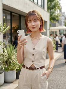 Easowa Women's Solid Color Single-Breasted Casual Vest Shirt - Khaki - View 1