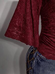 SHEIN ICON Plus Size Y2K Sexy V-Neck Lace Patchwork Flare Sleeve Top - Burgundy - View 6