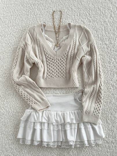 Elamini Asymmetrical Cable Design Short Slim Fit V-Neck Versatile Exquisite Cute Vibe Autumn/Winter Long Sleeve Knitted Sweater