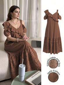 Lacomfia Casual Solid Color Patchwork Embroidered V-Neck Cold Shoulder Loose Fit Plus Size Brown Dress For Spring And Wide Strap, Long - Brown - View 1