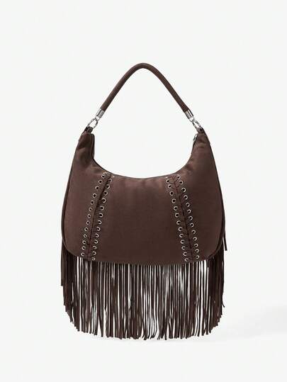 Viva Strut Women's Fashionable Simple Personalized Versatile Sweet Cool Hot Girls Y2K Retro Dark Brown Suede Tassels Shoulder Bag, Daily Shopping Music Festival