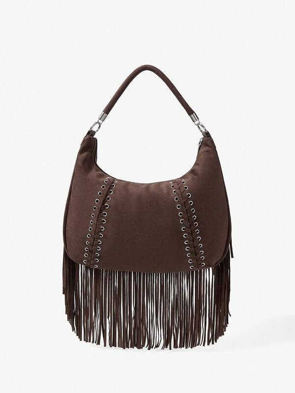 Viva Strut Women's Fashionable Simple Personalized Versatile Sweet Cool Hot Girls Y2K Retro Dark Brown Suede Tassels Shoulder Bag, Daily Shopping Music Festival