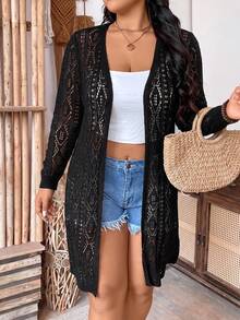 SHEIN Holidaya Saída de Praia Plus Size Feminina Cor Sólida, Férias de Outono Praia Noite Formal Elegante Versátil Manga Longa Preta - Preto - Visão 7