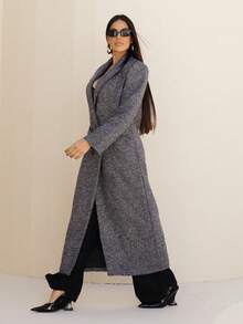 Maju Mazalli Mantel Panjang Wanita Motif Tulang Ikan dengan Kerah Berlipat, Kasual Musim Gugur/Dingin - Grey - View 6
