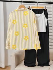 SHEIN 青少年女孩日常通勤溫柔清新優雅春夏黃色碎花輕便襯衫搭配百搭白色吊帶背心與黑色直筒寬腿長褲3件套，適合日常通勤、旅行與購物 - 彩色 - 查看 2
