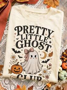 EMERY ROSE 復古可愛蝴蝶結幽靈南瓜印花短袖T恤 Pretty Little Ghost 圓領上衣，萬聖節穿搭 - 米色 - 查看 1