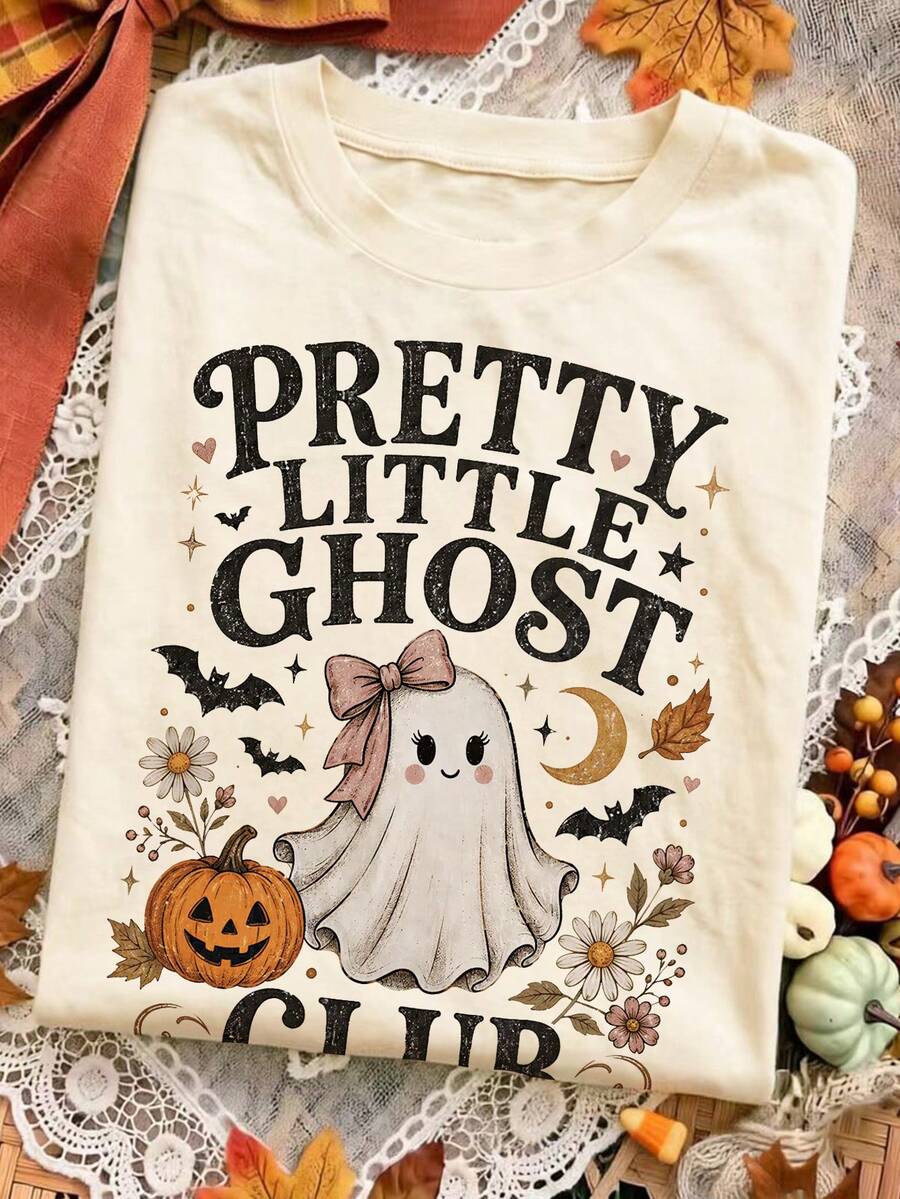 EMERY ROSE 復古可愛蝴蝶結幽靈南瓜印花短袖T恤 Pretty Little Ghost 圓領上衣,萬聖節穿搭 - 米色 - 查看 1