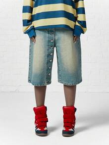 SUMWON WOMEN Baggy Denim Shorts With Button-Front Closure And Chain Detailing For Summer Y2K Style - Blue - View 1