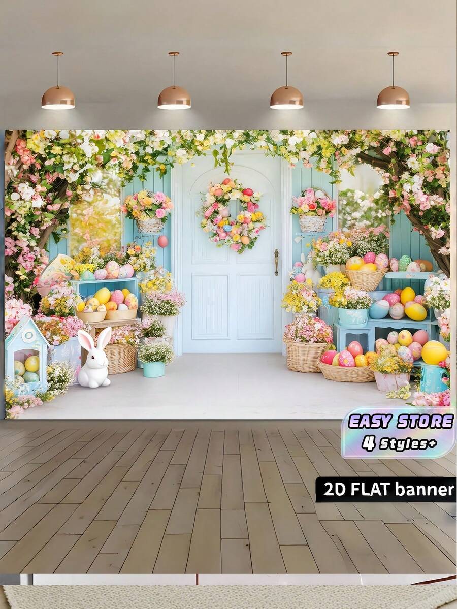 1PC POLYESTER EASTER EGG COLORFUL GARLAND BACKGROUND BACKDROP FOR HOME OFFICE OUTDOOR STUDIO PARTY DECOR SPRING FESTIVAL PHOTO PROPS WALL HANGING GIFT