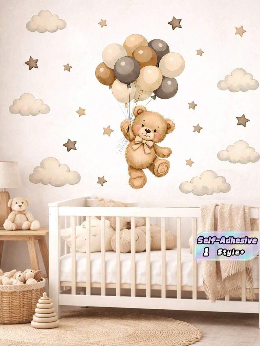 1Set Self Adhesive Durable PVC Removable Waterproof Bohemian Style Bear Balloon Nebula Pattern Wall Decals Stickers For Home Bedroom Living Room Wall Art Home Decor - Multicolor 2 - View 1