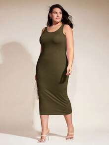 SHEIN BASICS 大尺碼純色修身休閒晚餐約會洋裝 夏季女款優雅洋裝 - 軍綠色 - 查看 4