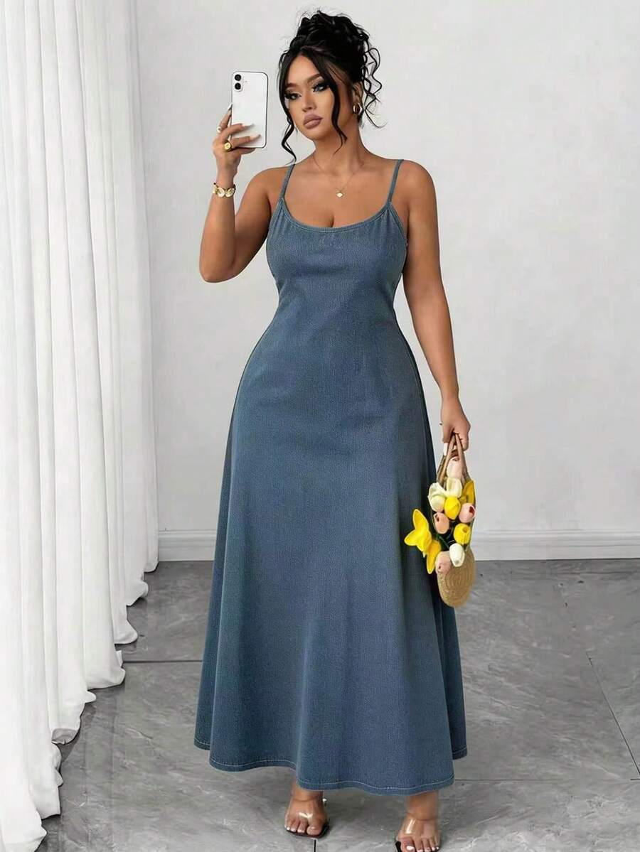 Elenzga Plus Size Minimalist Blue Spaghetti Strap Dress - Multicolor - View 1