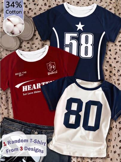 Teen Girls Fall Clothes Basic Printed T-Shirts , Fresh Style With Versatile Spring,Random 1pc Sent,Cute,Back To School