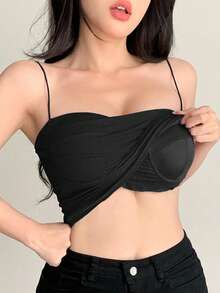 DAZY Self-Padded Ruched Design Fitted Camisole Tank Top Crop Women Tops - Black - View 7