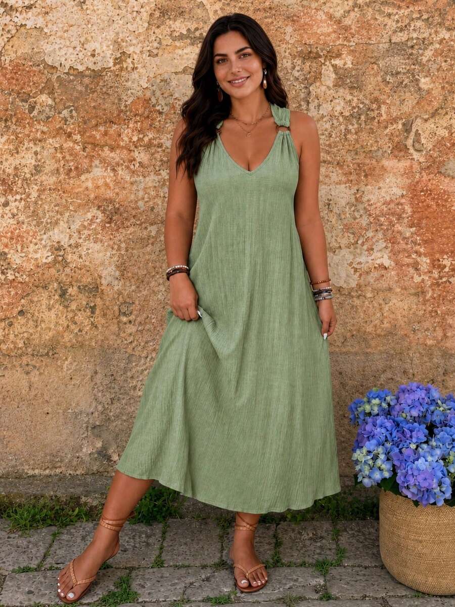 SHEIN Frenchy Plus SizeSummer Beach V Neck Maxi Dress Wooden Hoop Embellished Shoulder Strap Textured Flowy Fabric Summer Pastel Green Long Women Dresses - Mint Green - View 1