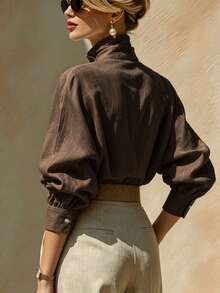 SHEIN Women's Solid Color Single-Breasted Casual Versatile Daily Wear Shirt - Brown - View 2