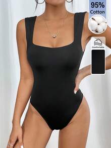SHEIN PETITE 純色圓領背心式黑色連身衣，適合外出、夏季基礎簡約風，小碼女款 - 黑色 - 查看 11