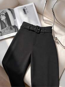 EURMUSE Solid High Waist Suit Trousers - Black - View 1