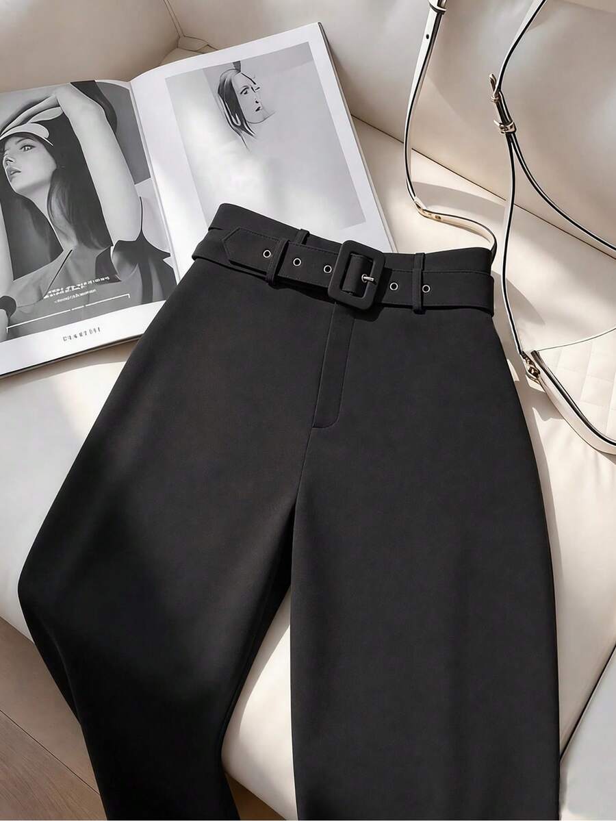 EURMUSE Solid High Waist Suit Trousers - Black - View 1