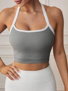 Eassivo Contrast Trim Backless Halter Neck Sports Athleisure Active Tank Top Gym Workout Light Grey Summer - Light Grey - View 4