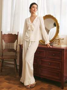 Côtesoire Women's Romantic Minimalist Lace Patchwork Long Sleeve Pants Pajama Set - Apricot - View 4