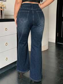 Dazy Plus Plus Size Washed Blue Distressed Button Pocket Flare Jeans Fall - Dark Wash - View 4