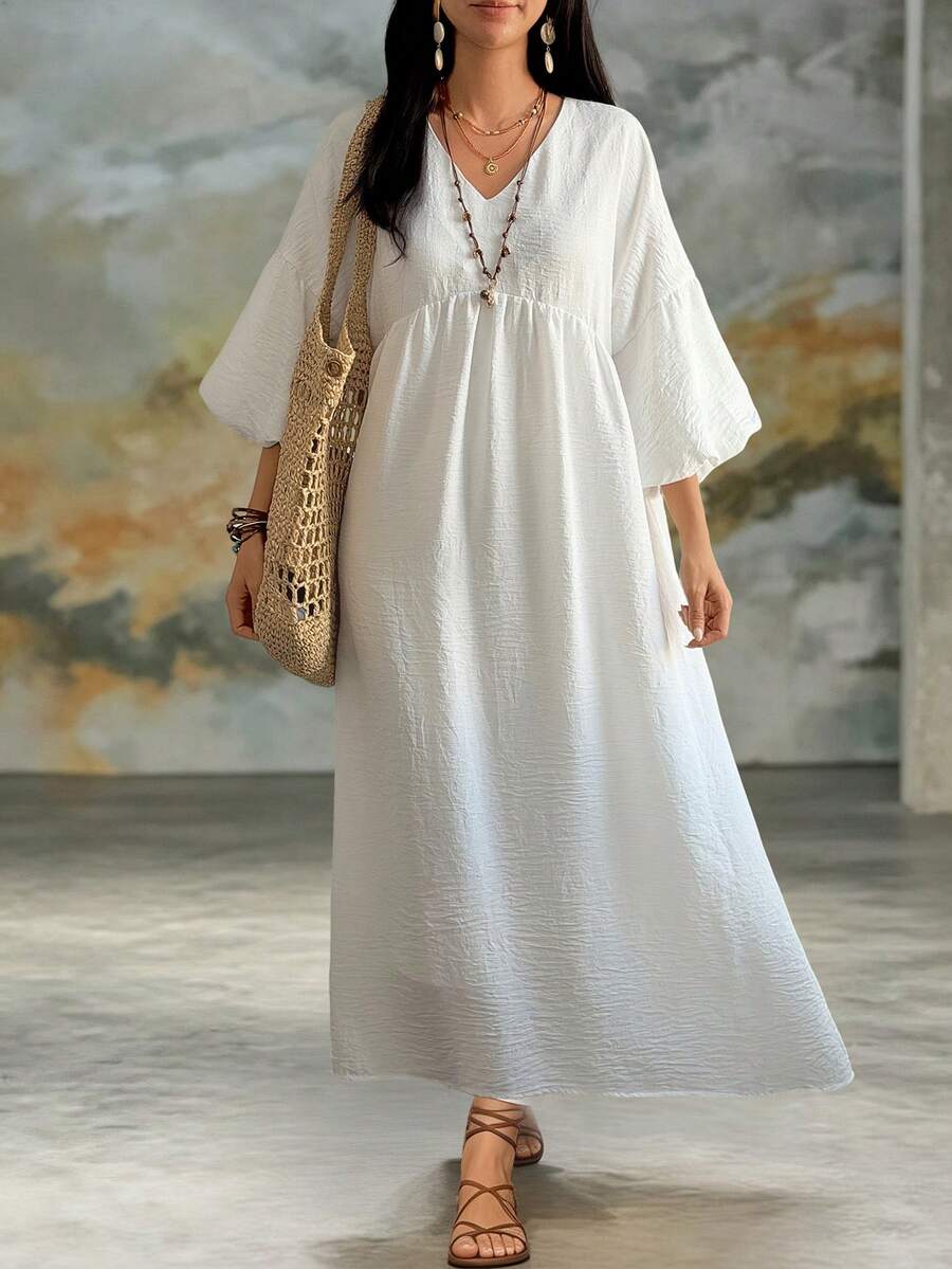DAZY Summer Autumn Casual Sweetheart Neck Long Sleeve Ruched Waist Ruffle Hem Elegant Women Mid-Length Dress - White - View 1