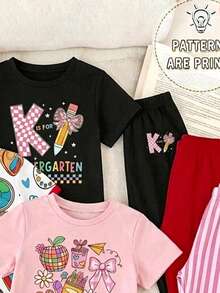 SHEIN 1 Set, 2 Pieces Sweet Back-To-School Style School Bus Print Cartoon Pencil Bow Short Sleeve Top And Pants Set, Randomly Sent 1 Set, Home And Outwear Set - Multicolor - View 4