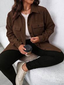 SHEIN LUNE 大尺碼女款素色單排扣休閒日常長袖夾克 - 棕色 - 查看 1