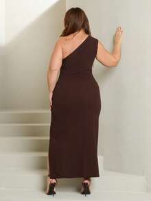 Lele Munniz Plus Size Women's Solid Color One Shoulder Sleeveless Side Slit Hem Fashion Dress Cocktail Brown Summer Sexy Elegant - Brown - View 4