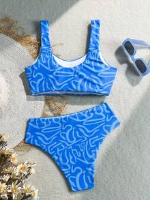 SHEIN Swim Mod 女款度假海灘全印花泳衣套裝 - 藍色 - 查看 2